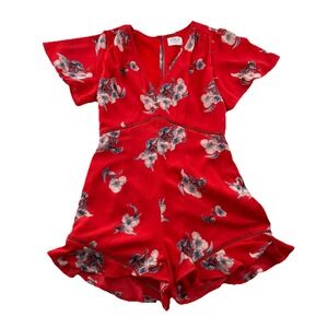 Sienna Sky Red Floral Ruffle Hem Romper XS Short Slv V-Neck Summer Cottagecore